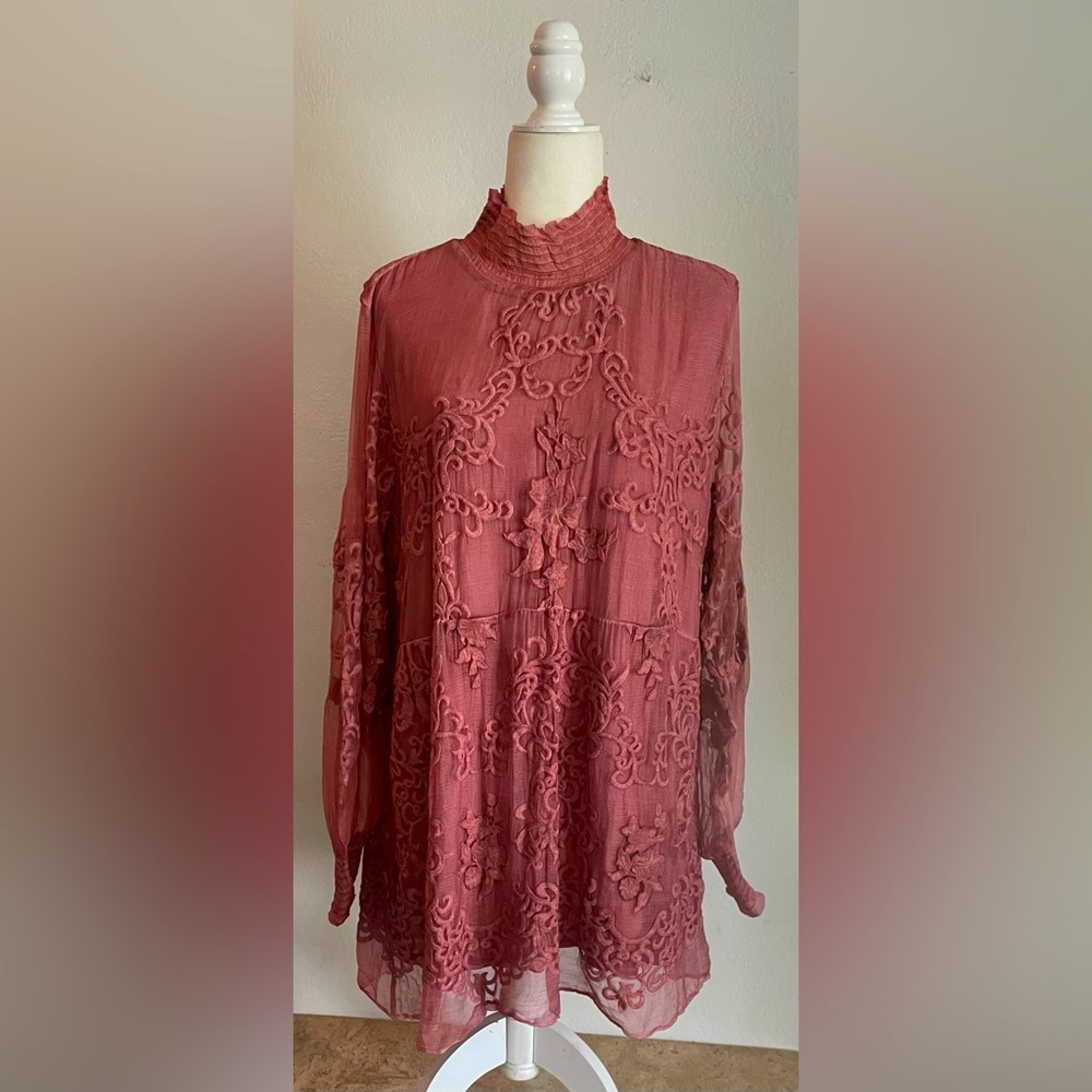 SOFT SURROUNDINGS Silk Embroidered Mock Neck Long Sleeve Babydoll Dress
